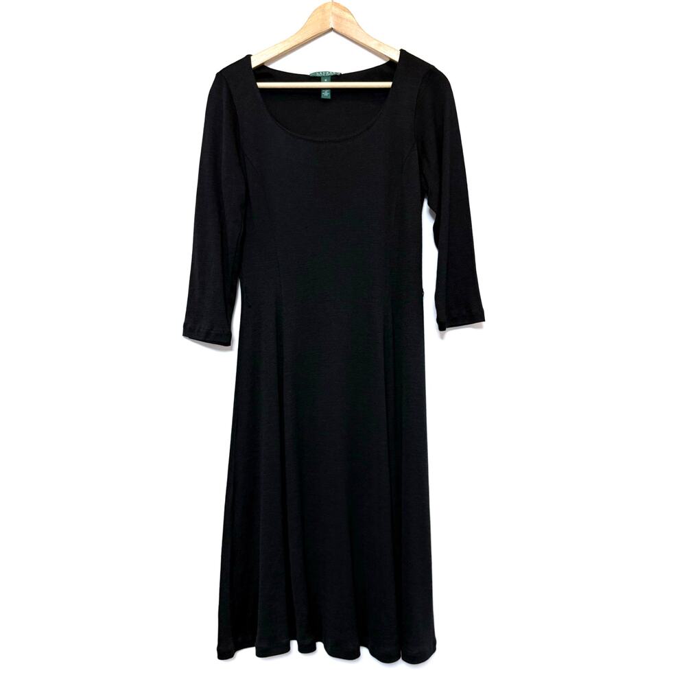 RALPH LAUREN silk wool blend knit fit flare 3/4 sleeve a line midi capsule dress